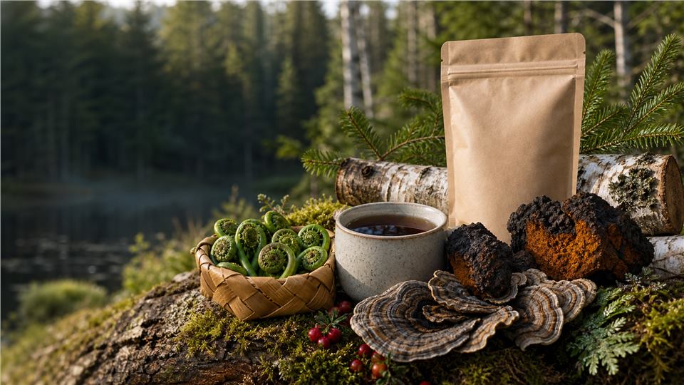 Wild forest foods and Fiddlehead Heaven pantry products arranged in moss
