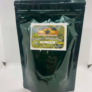 Eastern white pine tea bags in metallic lined packaging